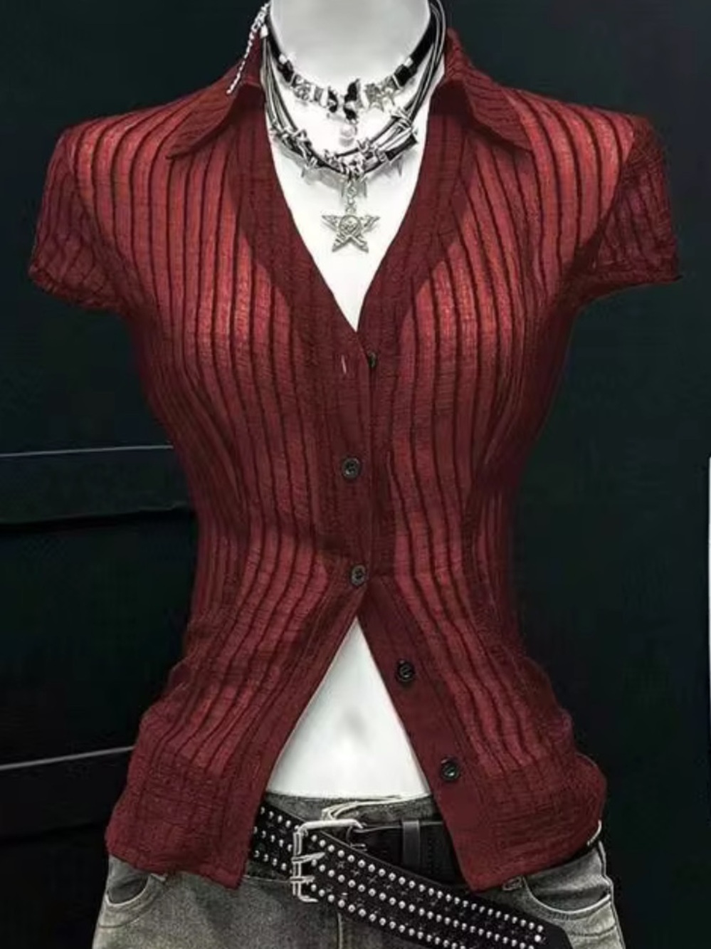 Office Siren Ribbed Short-Sleeve Button-Up Top in Brick Red